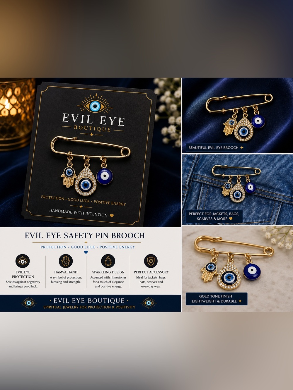 Gold Safety Pin Brooch with Blue Evil Eye Charms
